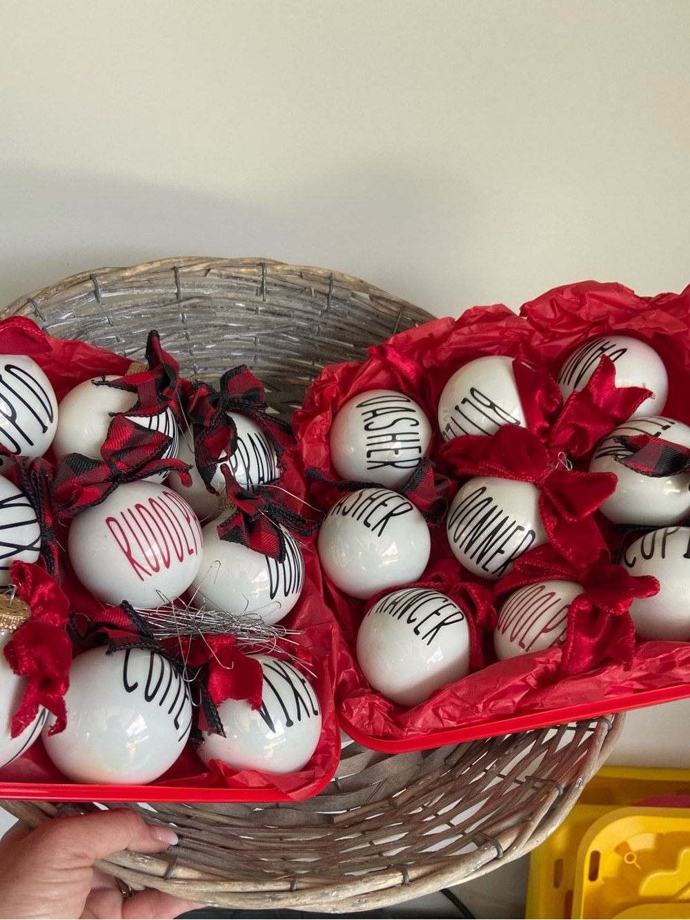 Rae Dunn White Ceramic Ornaments with Red Ribbon Accents Set of 18
